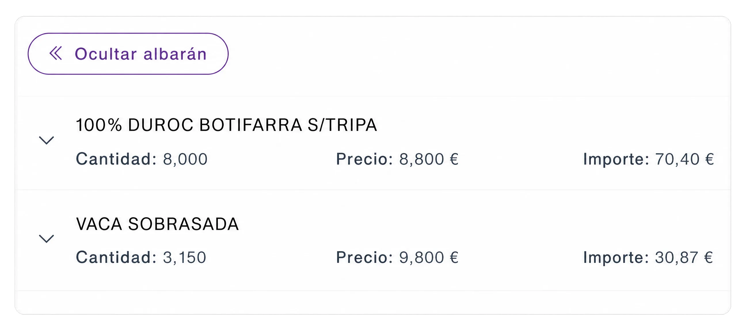 Detalhe da guia de remessa no Prezo com quantidade, preço e importe por linha